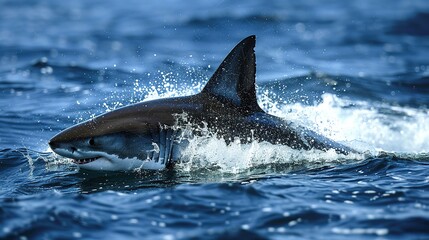Fototapeta premium A very scary white shark with an open mouth in the ocean. A cinematic attack