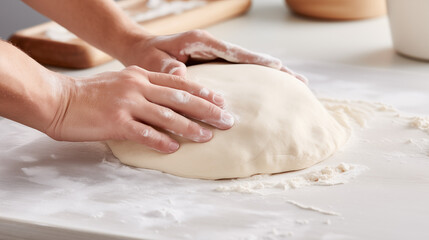 Hands in the flour that kneads the dough.