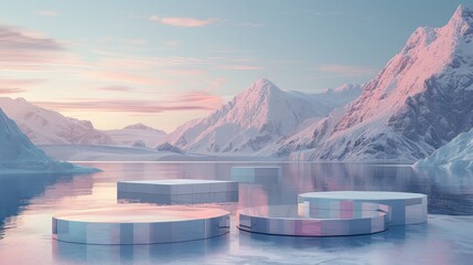 Surreal landscape with floating platforms and transparent geometric shapes, set against a serene background of snowy mountains and water