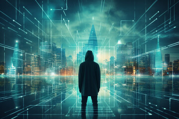 cybersecurity concept. Futuristic double exposure. Unknown man and city overlayed with data. High quality photo
