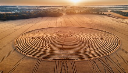 Naklejka premium Mysterious crop circle in golden wheat field at sunrise, aerial view of geometric pattern in rural farmland, alien mystery and ufo phenomenon in summer harvest landscape, golden hour light.