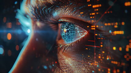 A close-up of an eye with digital data flowing through it, symbolizing the integration of technology with the human body.