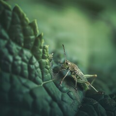 Fototapeta premium A macro photograph illustration of a tiny insect on a leaf, capturing minute details and textures with a soft focus