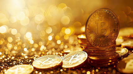 Stack of bitcoins gold background digital currency concept shining coins modern tech design 