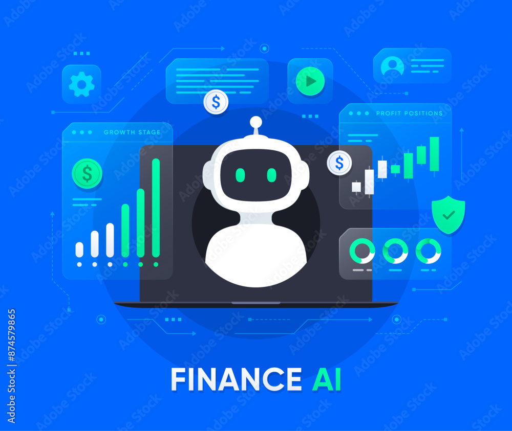 Poster ai robot in finance service. artificial intelligence with charts and bank technologies. the future o
