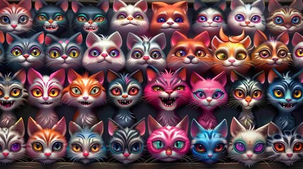 Colorful geometric cats in neon watercolors, playful felines with a touch of humor