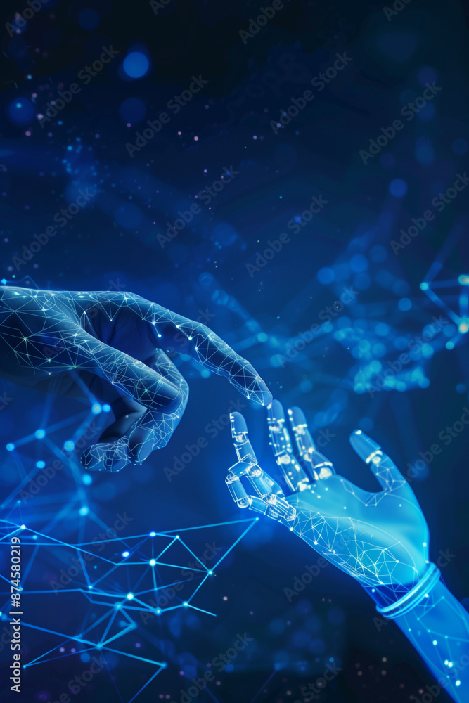 Poster ai, machine learning, hands of robot, blue background, futuristic with connecting dots and lines. hi
