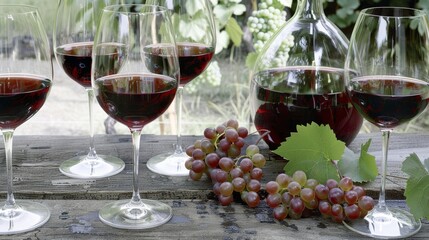 Naklejka premium A rustic wooden table set with a variety of elegant wine glasses a decanter of rich red wine and fresh grapes evoking the essence of a sophisticated wine tasting