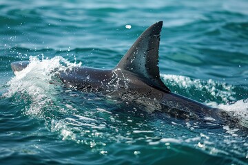 Naklejka premium shark fin on surface of ocean agains blue cloudy sky