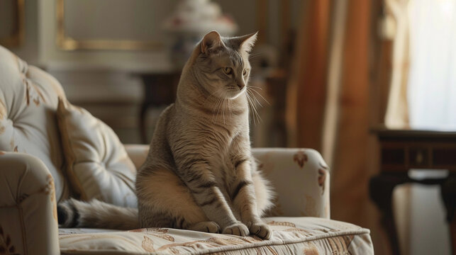 A light grey cat sits indignantly on a couch chair