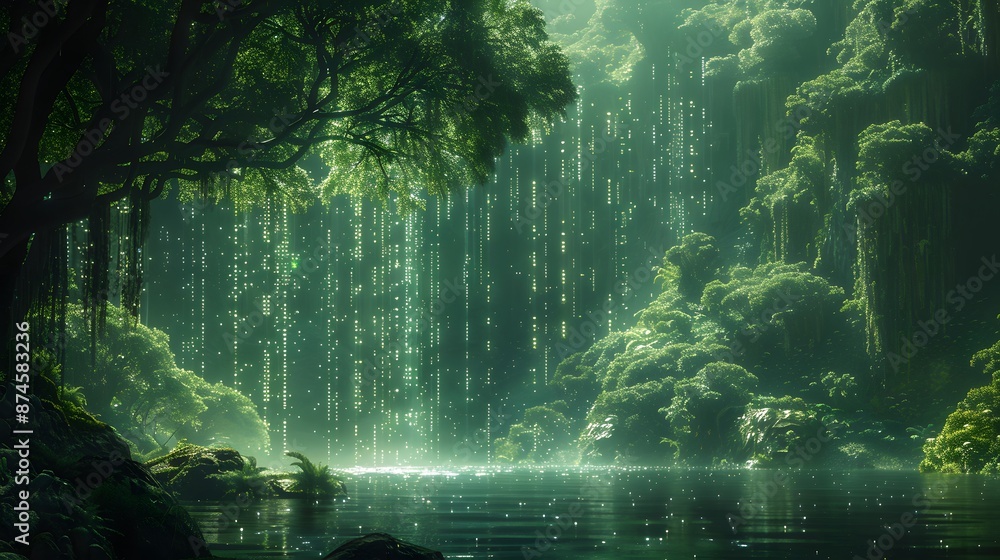 Poster a lush green forest with a stream running through it. the water is calm and the trees are tall and l
