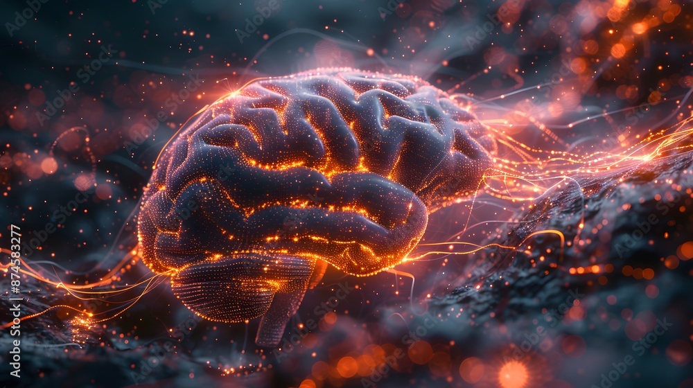 Poster a brain with a lot of glowing lines and dots surrounding it, generative ai