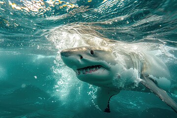 A very scary white shark with an open mouth in the ocean. A cinematic attack