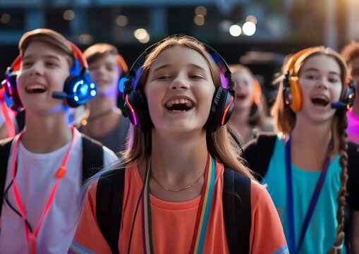 Joyful Children Enjoying a Silent Disco Party with Colorful Headphones Outdoor