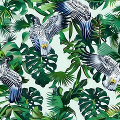 Blue and Green Falcon and Palm Leaf Wallpaper