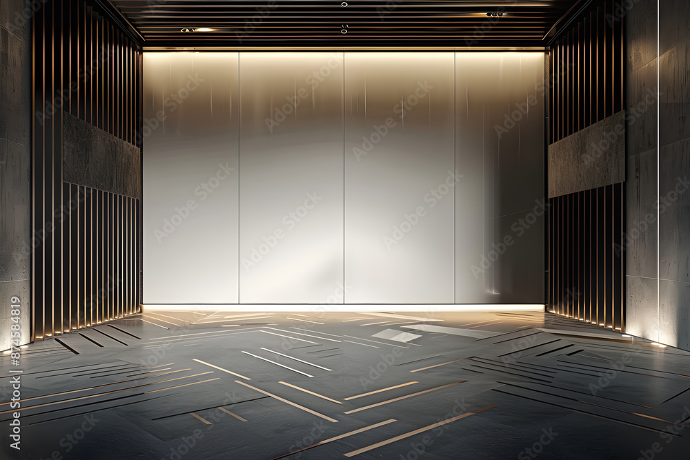 Poster an empty luxury gallery with a large blank wall and modern geometric floor design set against a dark