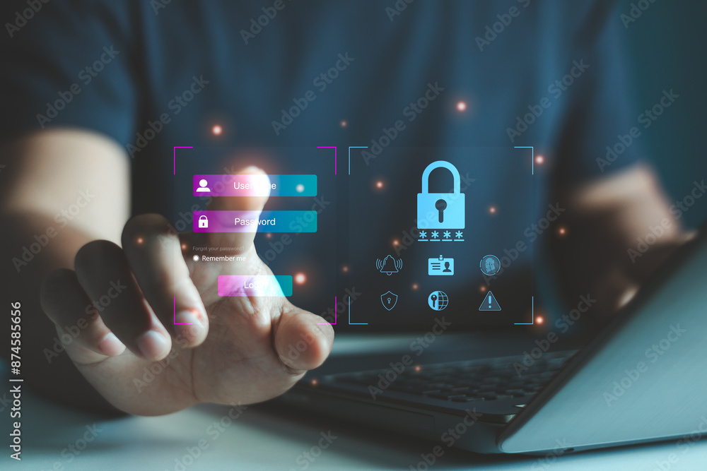 Fototapete Cyber security concept. User authentication system with username and password to access personal user data. information security and encryption, secure Internet access, technology and cybernetics.