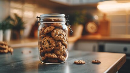 cookie jar on kitchen counter filled with homemade treats, embodying warmth and comfort, with space for text, perfect for baking concept
