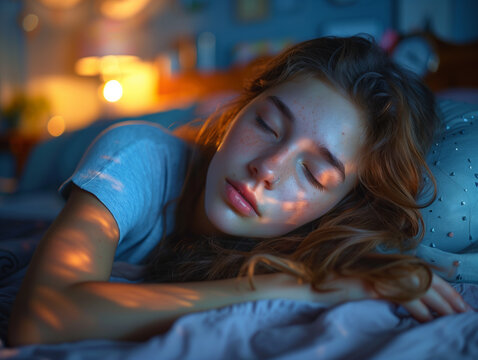 M&auml;dchen mit Nasenpiercing tr&auml;umt im Bett, ruhen in der Nacht im Jugendzimmer