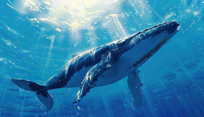 Fototapeta premium Close-Up Macro Shot of a Majestic Humpback Whale, Sunlit Ocean Waters. Nature Photography Background Wallpaper. 
