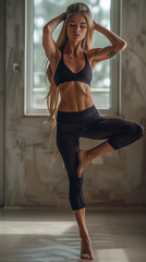 Fototapeta premium Woman in Black Sportswear Balancing on One Leg in a Studio