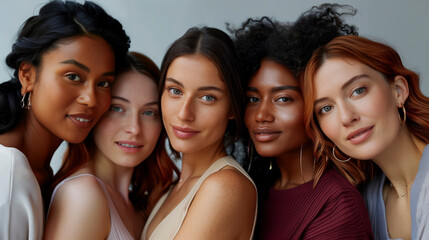 Obraz premium Four Diverse Women Smiling Together Close Up Portrait