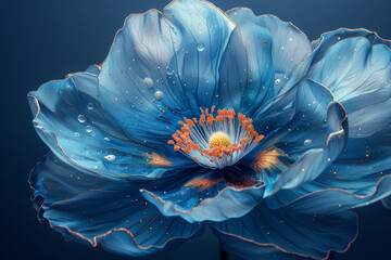 a wallpaper botanical flowers with one big flower for whole artwork flowing alcohol ink style bioluminescence navy blue background, white, gold,  