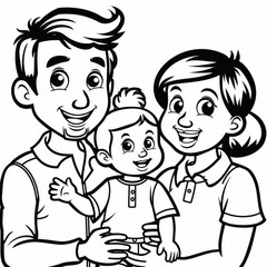 A cheerful illustration of a happy family with parents and a young child, all smiling brightly together.