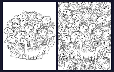 Doodle dinosaurs coloring pages set. Black and white templates bundle with cute dino characters. Outline background. Vector illustration