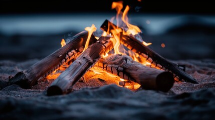 A lively campfire with bright flames and logs arranged in a pit on a beach. The setting exudes a warm, inviting atmosphere ideal for gatherings or solitude by the shore.