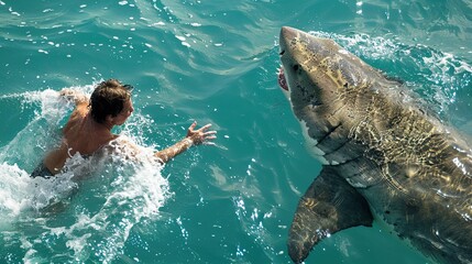 Obraz premium Huge Great White Shark swimming near tourists on the beach