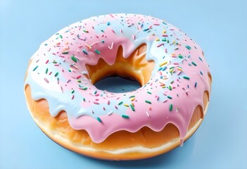 A pink glazed donut with colorful sprinkles on a light blue background