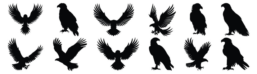 Fototapeta premium Eagle silhouettes set, pack of vector silhouette design, isolated background