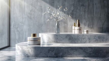 Luxury display of cosmetic products on marble pedestals with gold accents, set against a minimalist gray background, emphasizing elegance and sophistication