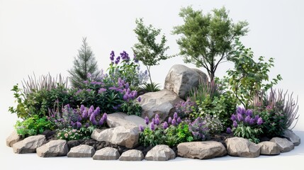 Beautifully landscaped garden with a mix of small trees, shrubs, and rocks, including purple flowering plants, set against a white background