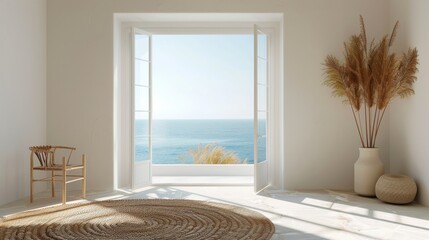 Bright room with a door opening to an ocean view, minimalist decor, and natural light creating a serene atmosphere