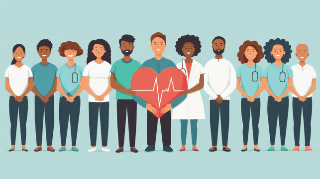 Diverse group of healthcare professionals standing together holding a large heart with an ECG line, symbolizing teamwork and healthcare.