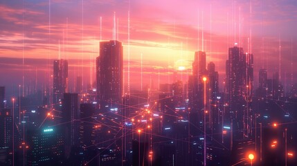Fototapeta premium Smart city network with glowing nodes over cityscape at sunset.