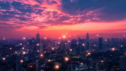 Smart city network with glowing nodes over cityscape at sunset.