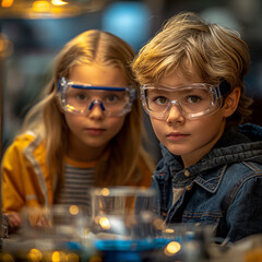 Obraz premium Children in secondary school in a chemistry lesson.