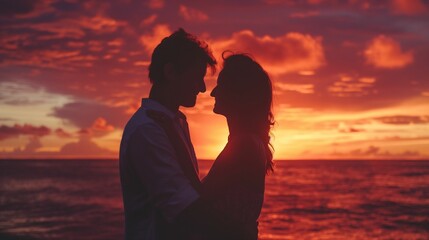 Silhouette of couple embracing at sunset by the sea.