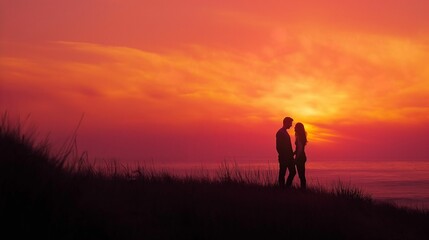 Fototapeta premium Silhouette of couple embracing at sunset by the sea.