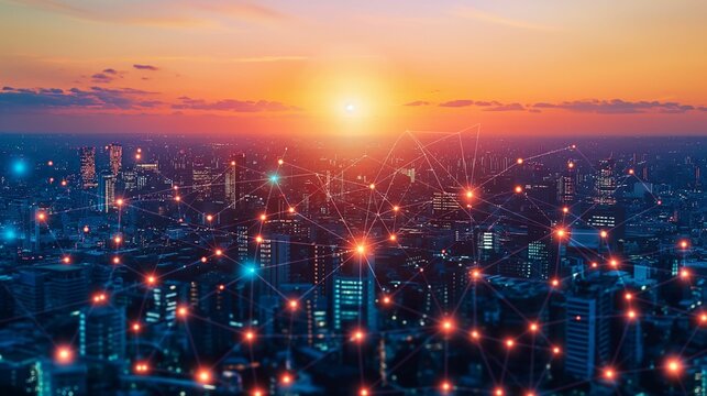 Smart city network with glowing nodes over cityscape at sunset.
