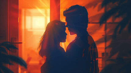 Silhouette of a couple in an intimate embrace at sunset, with warm, glowing light creating a romantic atmosphere.