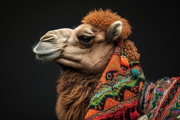 Fototapeta premium Mystic portrait of Bactrian Camel, full body view, isolated on black background