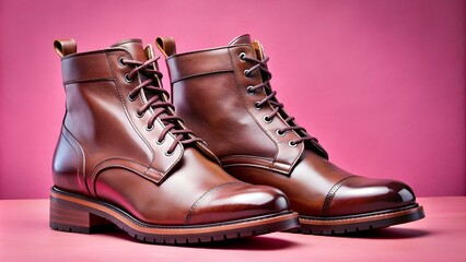 A pair of premium calfskin boots on a pink background. Horizontal shot.