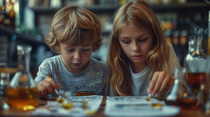 Children in secondary school in a chemistry lesson.