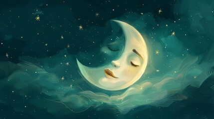 sleepy moon illustration, minimalist design featuring a sleeping moon and twinkling stars, perfect for a sleek goodnight flat art backdrop