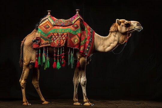 Mystic portrait of Nari Camel, full body view, isolated on black background