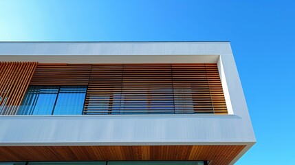 Modern architectural facade with wooden slats and a bright blue sky, creating a striking contrast and emphasizing clean lines